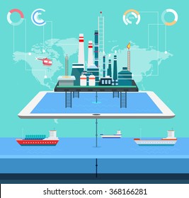sea technology communication refinery factory and computer technology with eco-factories industry landscape graphics elements for design