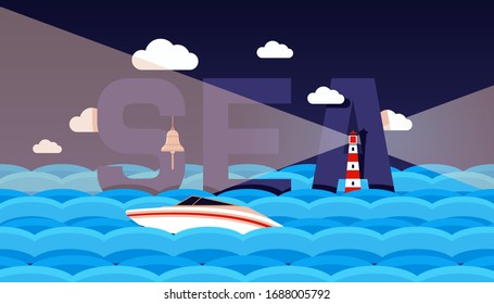 Sea text, boat in brine, ocean, surface, night travel, trip open reservoir, vector flat illustration. Design web banner for world ocean journey, motorboat, lighthouse shines way, water navigation.