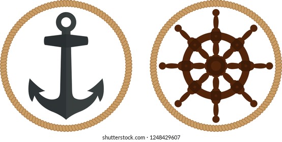Sea theme. Anchor, rope, steering wheel