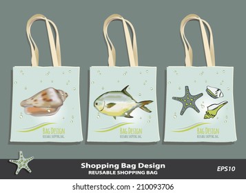 Sea Theme beach tote bag design template. Eco nature friendly canvas reusable bag set vector design with shells, fish, sea star. Ocean or sea beach souvenir. Starfish icon. Editable. Sample text 