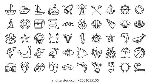 Sea theme and beaches vector icons set. Large set of summer time theme elements. Beach, palms, SUP, surfboard, inflatable rubber circles, beach umbrella, flip flops. Travel design. Adventure