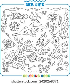 Tema marino. Gran libro de colorear. Vector infantil