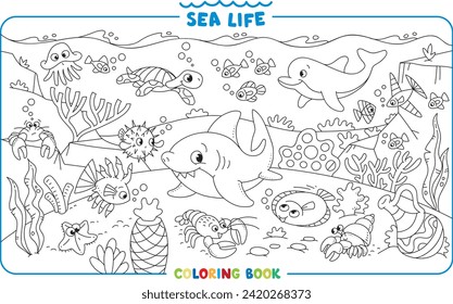 Sea theme. Big coloring book set. Kids vector