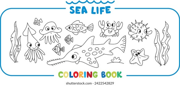 Sea theme. Big coloring book set. Kids vector
