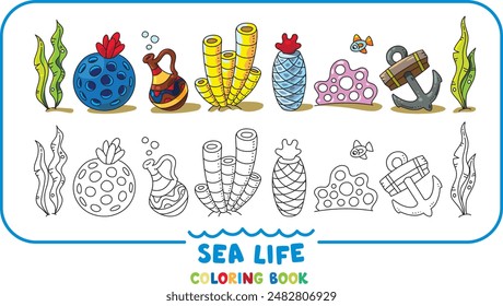 Sea theme. Big coloring book set. Kids vector
