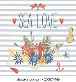 Sea theme card with bouquet and rope I love sea and you
