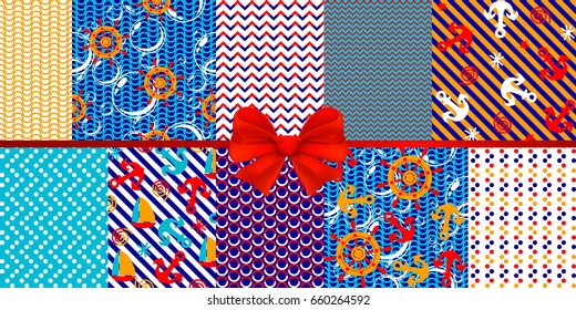 Sea theme. Cute seamless pattern. marine and nautical background. Set of marine and nautical backgrounds. Seamless patterns collection. Vector illustration.
