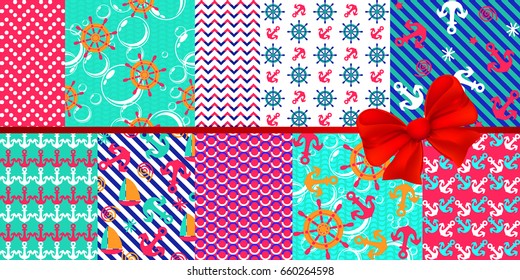 Sea theme. Cute seamless pattern. marine and nautical background. Set of marine and nautical backgrounds. Seamless patterns collection. Vector illustration.