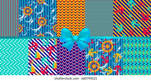 Sea theme. Cute seamless pattern. marine and nautical background. Set of marine and nautical backgrounds. Seamless patterns collection. Vector illustration.