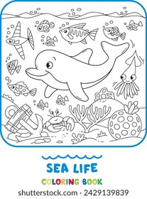 Sea theme. Dolphin coloring book. Kids vector