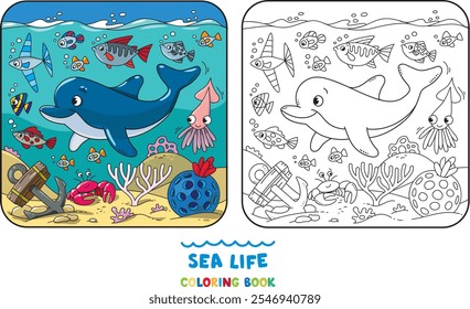 Sea theme. Dolphin coloring book. Kids vector