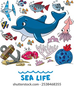 Tema do mar. Conjunto de ilustrações do vetor Dolphin