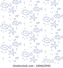 sea theme doodles seamless pattern with fish and starfish for childish design vector isolated