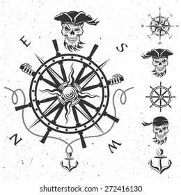 Sea theme emblem and a set of pirate design elements.