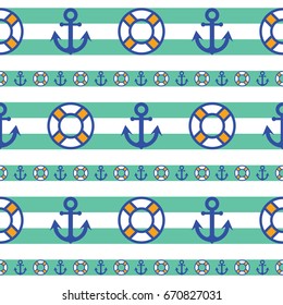 Sea theme. Lifebuoy and anchor on green and white striped background. Seamless pattern for banner, flyer, pamphlet, card, web etc.