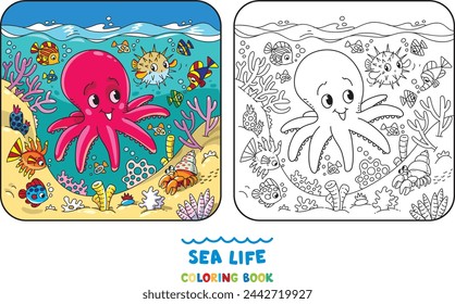 Sea theme. Octopus coloring book. Kids vector