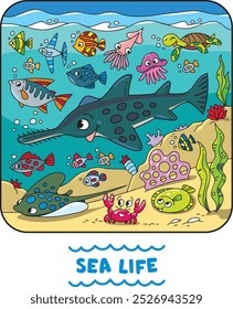 Sea theme. Sawfish coloring book. Kids vector