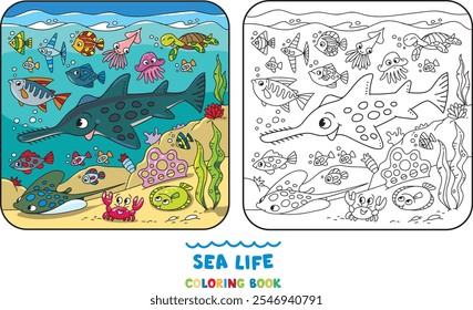 Sea theme. Sawfish coloring book. Kids vector