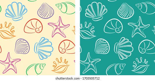 Sea theme seamless design with white and color sea shell shape element. Endless texture can be used for wallpaper, web page, background, textile, print, shirts and posters. Vector illustration