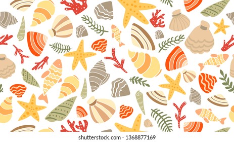 sea theme seamless pattern design with colorful sea shell shape element
