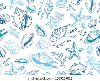 sea theme seamless pattern design with colorful sea shell shape element