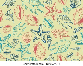 sea theme seamless pattern design with colorful sea shell shape element