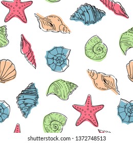 sea theme seamless pattern design with colorful sea shell shape element