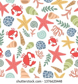 sea theme seamless pattern design with colorful sea shell shape element