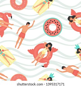 sea theme seamless pattern with floating people on swimming mattresses in the form of a flamingo pineapple watermelon donut on a white background with light green waves