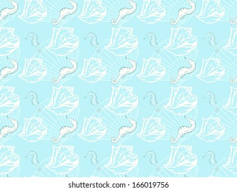 Sea theme seamless - seahorses and shells background - summer beach resort atmosphere