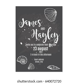 Sea theme with seashells. Wedding invitation card template vector. Grunge style.