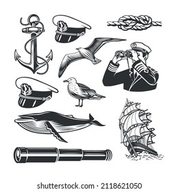 Sea theme set. Design elements. Black and white vector illustrations.