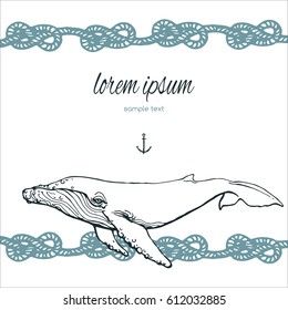 sea theme template with humpback whale, anchor element, knot bend rope and place for text on white background