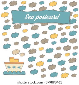 Sea theme travel, tourism card, brochure, invitation with watercolor ship, waves and steam clouds