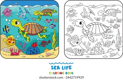 Sea theme. Turtle coloring book. Kids vector