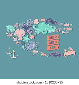 Sea themed card with fish, shrimp, crab, helm, shell, starfish and anchor. Retro marine vector illustration on blue background.
