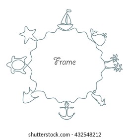 Sea themed round frame made of nautical rope. Whale, boat and wave decorative summer pattern. Rope brush is included.