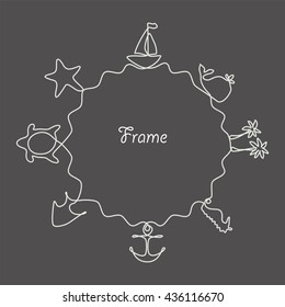 Sea themed round frame made of nautical rope. Whale, boat and wave decorative summer pattern. Rope brush is included.