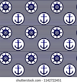 Sea themed seamless pattern in classic navy blue and white colors. Anchor and steering wheel