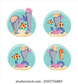 Sea themed set, coral reef, fish, seahorse on the seabed. Cartoon characters for children of the book.