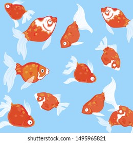 The sea is thick with fish. Golden fishes in the water. Vector illustration.
