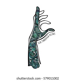 Sea through veins. Hand and waves. Isolated vector objects on white background.