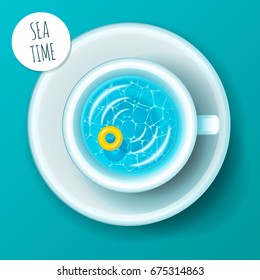 Sea time. Concept of vacation. Yellow ring floating in cup of coffee. Sea in cup top view. Vector illustration.