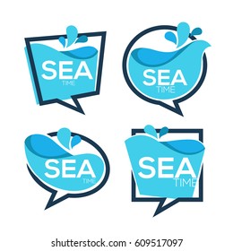 sea time, vector collection of water stickers banners and bubbles for your text