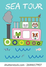 "Sea Tour" is a fun children’s painting of a boat sailing on the blue ocean, with happy kids, playful sea animals, and sunny skies—bringing joy and adventure to any room