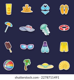Sea tour icons set stikers collection vector with shadow on purple background
