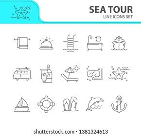 Sea tour line icon set. Cruise liner, towel, bath, dolphin. Summer vacation concept. Can be used for topics like travel, trip, activities