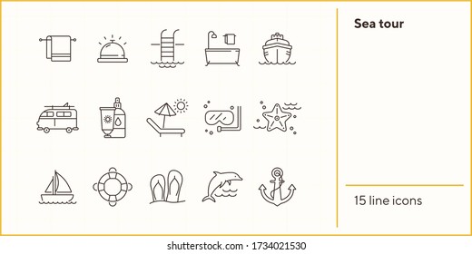 Sea tour line icon set. Cruise liner, towel, bath, dolphin. Summer vacation concept. Can be used for topics like travel, trip, activities