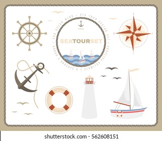 Sea tour set. Compass rose, sailboat, helm, anchor, lifebuoy and lighthouse.