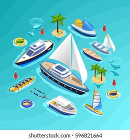 Sea tourism conceptual composition with set of water carriage vehicles inflatable boats water rides and palm islands vector illustration